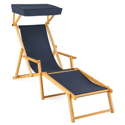 Costway Birch Wood Chaise Lounge Chair Foldable Beach Chair With Adjustable Canopy-navy In Multi