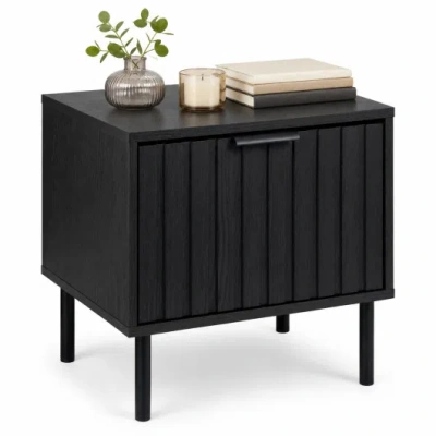 Costway Black Modern Nightstand With Vertical-striped Storage Drawer-black
