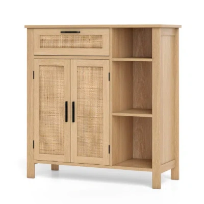 Costway Boho Buffet Sideboard Storage Cabinet With Drawer And Rattan Woven Doors-natural In Brown