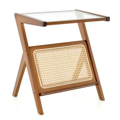 Costway Boho End Table With Magazine Rack And Tempered Glass Top-walnut In Animal Print