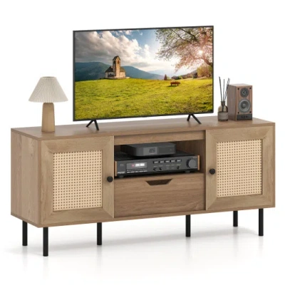 Costway Boho Tv Stand For 60 Inch Tv Entertainment Center With Cabinets And Storage Shelf-natural In Brown