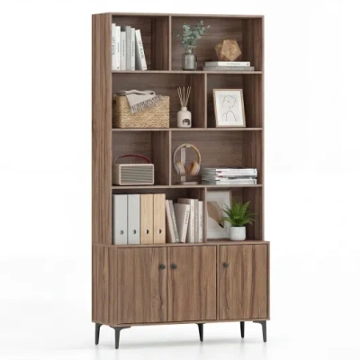 Costway Bookshelf With 3 Doors And 2 Anti-tipping Kits For Home Office-walnut In Brown
