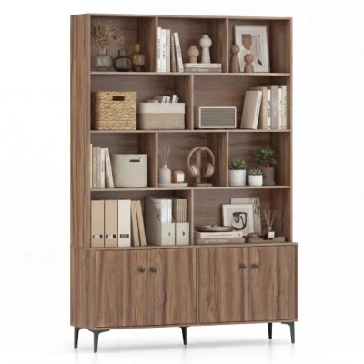 Costway Bookshelf With 4 Doors And 2 Anti-tipping Kits For Home Office-walnut In Brown