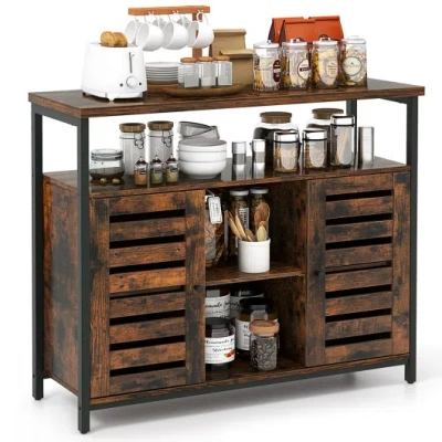 Costway Buffet Cabinet Industrial Sideboard Storage Cabinet With Push-to-open Slatted Door And 3 Adjustable  In Brown