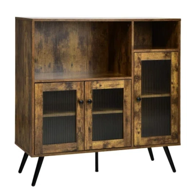 Costway Buffet Kitchen Storage Cupboard With Glass Door And Adjustable Shelves-rustic Brown