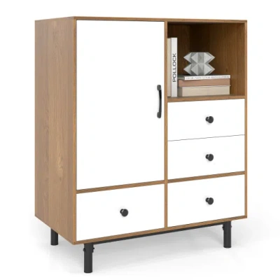 Costway Buffet Sideboard Mid Century Modern Storage Cabinet With 4 Drawers And Open Compartment-natural In Multi