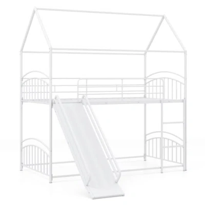 Costway Bunk Bed Twin Over Twin House Bunk Bed Frame With Metal Slats-white