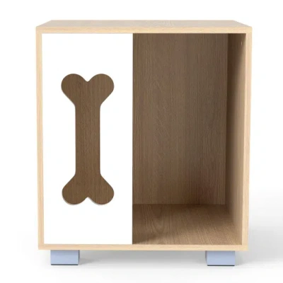 Costway Cat Bed Side Table Wooden Cat Condo With Bone-shape Window And Thick Metal Legs-natural In White