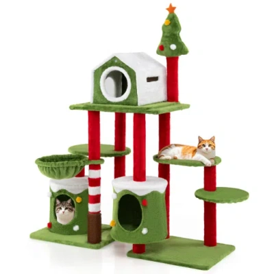 Costway Cat Furniture Set With 58 Inch Tall Cat Tree Tower And 2 Gift Box Shaped Cute Christmas Cat House In Green