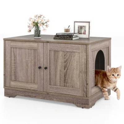 Costway Cat Litter Box Enclosure Furniture Indoor Wooden Cat House End Side Table Nightstand-gray In Brown