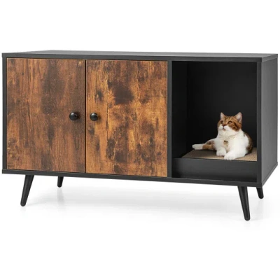 Costway Cat Litter Box Enclosure With Double Door Cabinet In Animal Print