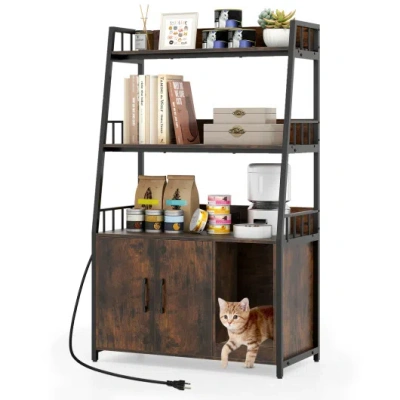 Costway Cat Litter Box Enclosure With Storage Shelves And Scratching Pad-rustic Brown