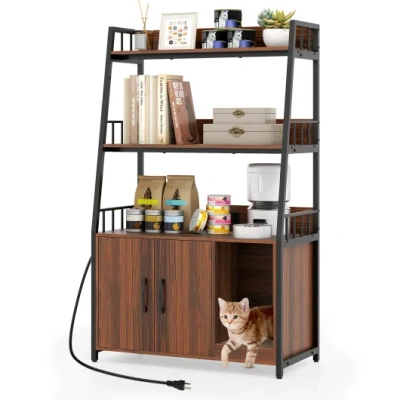 Costway Cat Litter Box Enclosure With Storage Shelves And Scratching Pad-walnut In Brown