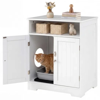 Costway Cat Litter Box Enclosure Wooden Hidden Pet Washroom Furniture-white