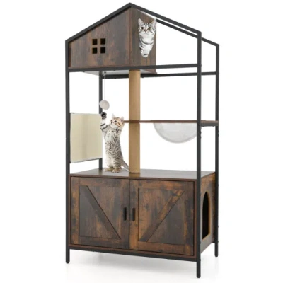 Costway Cat Tree With Litter Box Enclosure Industrial Cat Tower Multi-level Cat Condo Furniture For Indoor C In Brown