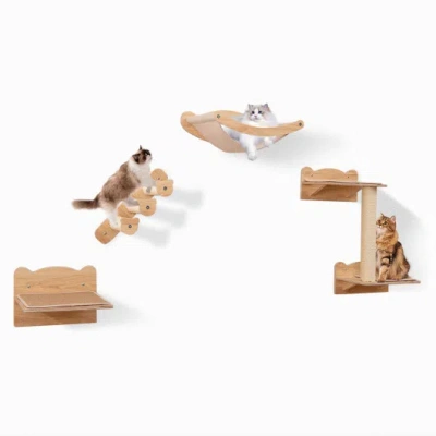Costway Cat Wall Furniture Set Of 4 With Hammock 2-step Cat Tree And Perch-natural In Brown