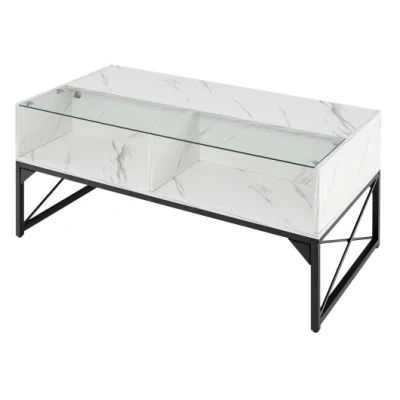 Costway Center Table With Faux Marble And Tempered Glass Top-white In Multi