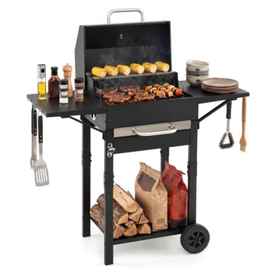 Costway Charcoal Grill With 2 Side Tables & Adjustable Chimney 284 Sq.in In Black