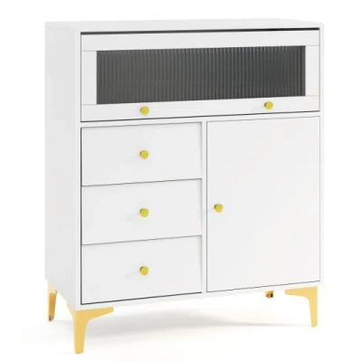 Costway Chest Of Drawers With Flip Up Fluted Glass Door For Bedroom Kitchen-gray In White