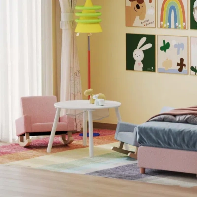 Costway Children's Room Furniture Bundle: Twin Pink Bed, Blue & Pink Rocking Chairs, Storage End Table In White