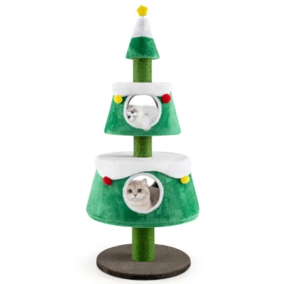 Costway Christmas Cat Tree For Indoor Cats Cute Holiday Cat Tower With 2 Condos-green In Multi