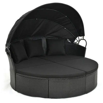 Costway Clamshell Patio Round Daybed Wicker With Retractable Canopy And Pillows-black