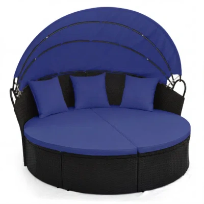 Costway Clamshell Patio Round Daybed Wicker With Retractable Canopy And Pillows-navy In Blue