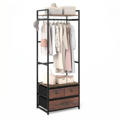 Costway Clothes Rack With Drawers And Shelves With Side Hooks And Metal Frame-rustic Brown