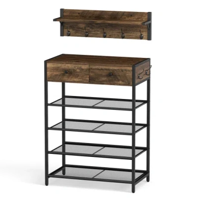 Costway Coat Rack Shoe Stand Set 5-tier Shoe Rack With Wall-mounted Coat Hanger-brown In Multi