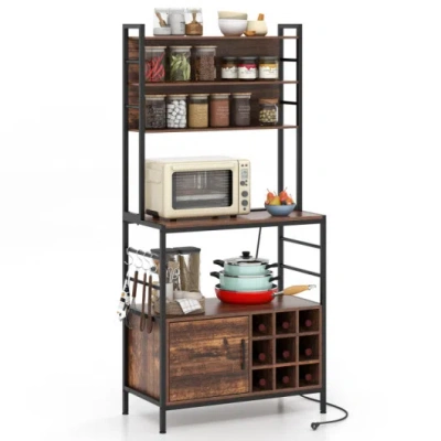 Costway Coffee Bar Cabinet With Built-in Power Outlet And S-shaped Hooks In Multi