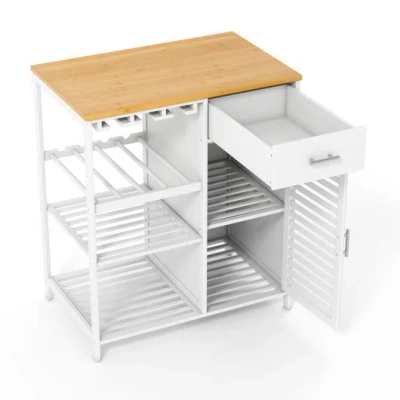 Costway Coffee Bar Cabinet With Glass Holder Wine Rack And Bamboo Top-white In Brown