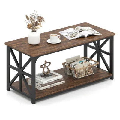 Costway Coffee Table 2-tier Center Table With Storage Shelf-rustic Brown
