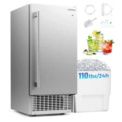 Costway Commercial Ice Maker With 25 Lbs Storage Capacity For Home Bar Cafe In Silver