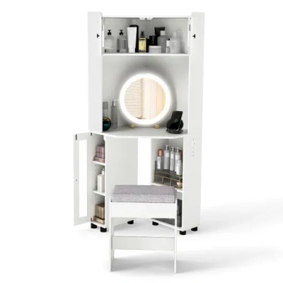 Costway Compact Dressing Corner Vanity Desk With Mirror And Lights-white In Gray