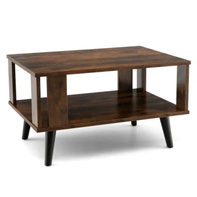 Costway Compact Retro Mid-century Coffee Table With Storage Open Shelf-rustic Brown