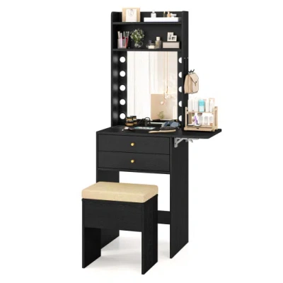 Costway Compact Vanity Desk Set With 3-color Lighted Mirror And Power Outlets-black