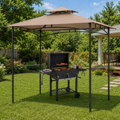 Costway Complete Bbq Station With 8x5 Ft Waterproof Grill Gazebo And Outdoor Charcoal Grill In Black