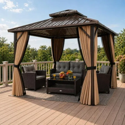 Costway Complete Outdoor Lounge Ensemble: All-weather 10' X 10' Hardtop Gazebo And 4-piece Patio Conversatio In Brown