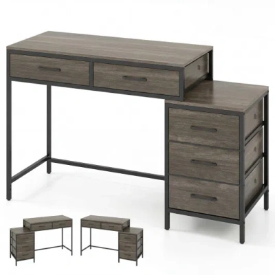 Costway Computer Desk With 5 Drawers And Printer Stand For Bedroom And Small Spaces-oak In Gray