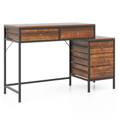 Costway Computer Desk With 5 Drawers Home Office Desk With Side File Cabinet-rustic Brown In Animal Print