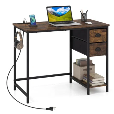 Costway Computer Desk With Charging Station And 2 Fabric Drawers For Small Spaces-rustic Brown