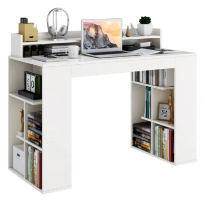 Costway Computer Desk With Dual 3-tier Bookshelf And Monitor Shelf-white In Gray