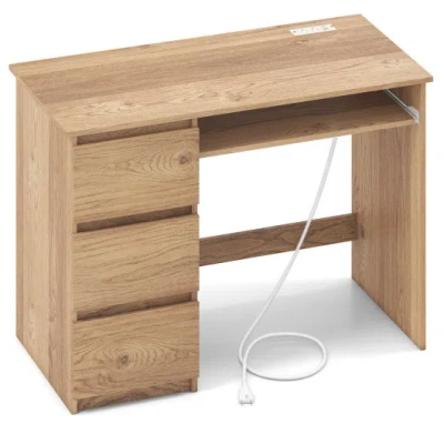 Costway Computer Desk With Power Outlet Keyboard Tray And 3 Large Drawers-natural In Multi