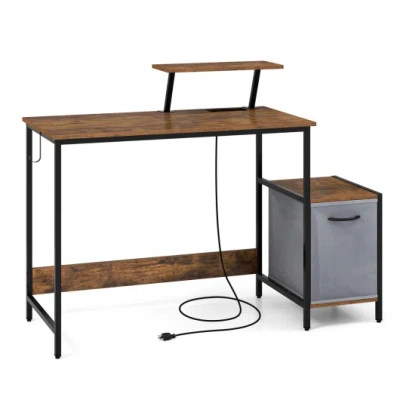 Costway Computer Desk With Reversible Storage Drawer And Moveable Shelf-brown