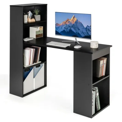 Costway Computer Desk Writing Workstation Office With 6-tier Storage Shelves-black In Multi