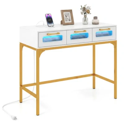 Costway Console Table With Led Lighting And Charging Station For Living Room And Hallway-white