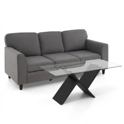 Costway Contemporary Living Room Furniture Suite: Modern 3-seat Teddy Velvet Sofa + 47-inch Glass Coffee Tab In Gray