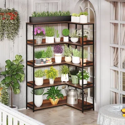 Costway Corner Bookshelf 5-tier L-shaped Bookcase 71" Tall Etagere Bookshelf Walnut