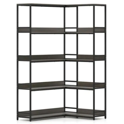 Costway Corner Bookshelf 5-tier L-shaped Bookcase Etagere Bookshelf With Metal Frame-oak In Black
