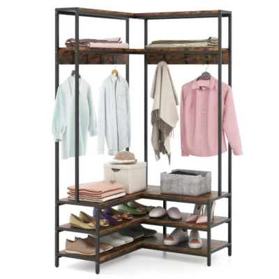 Costway Corner Garment Rack With Open Shelves And 7 Hooks Shoe Bench-rustic Brown